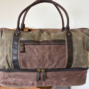 Vintage Waxed Canvas Green Duffle Bag Separate Shoe Compartment